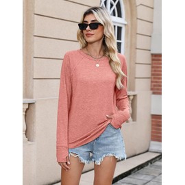 EADINVE Womens Long Sleeve Tops Pleated Crew Neck Casual Fall Fashion Tunic Loose Fit Lightweight Girls Outfits Clothes Coral