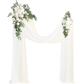 Ling's moment Artificial Wedding Arch Flowers Kit Pack of 4, 2pcs Hanging Silk Flowers Arrangement 2pcs Chiffon Drapes Ceremony Spring Fake Rose Arbor Backdrop White Sage Floral Party Outdoor Decor