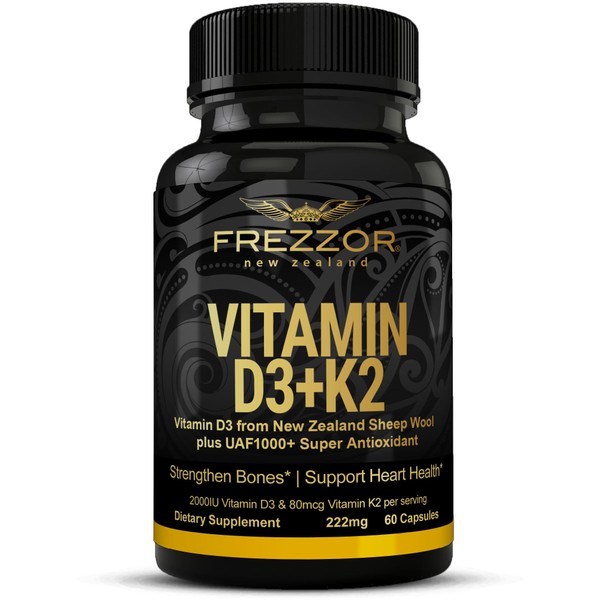 FREZZOR Vitamin D3 and K2 Caps, High Potency D3 2000IU and K2 (MK7) 80mcg, Unique Vit D3 from 100% New Zealand sheep's wool lanolin. Cardiovascular Support & Bone Health, 60 Softgels 1 Month Supply