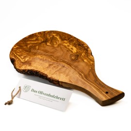 DAS OLIVENHOLZBRETT® Olive Wood Chopping Board with Natural Cut Handle/Serving Board Made of Wood in Natural Shape with Handle / Fingerboard Olive Wood 25 cm