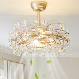 Phrylix 20 Inch Gold Chandelier Ceiling Fan with Light, Flower Modern fandelier Ceiling Fan with Remote Control, Flower Light Fixture Enclosed 6 Speeds for Girl's Bedroom, Nursery, Living Room