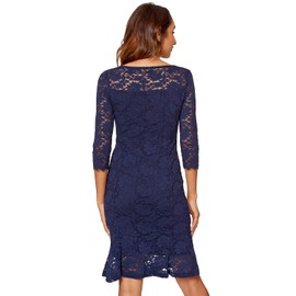 Atnlewhi Womens 3/4 Sleeve Lace Cocktail Dresses Party Wedding Guest V Neck Formal Evening Bodycon Ruffle Dress Navy Blue