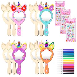Unicorns Crafts, 27 Pieces Wooden Mirrors for Painting, Children, Craft Set Children's Birthday with 12 Wooden Mirrors for Painting, Children, 12 Colouring Pencils, 3 Rhinestone Stickers, Unicorn
