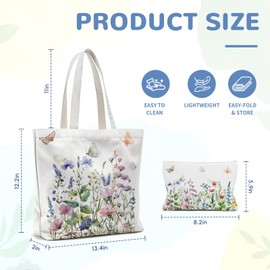 Wazzio 2 Pcs Canvas Bag with Makeup Bag, Flowers Theme Gifts for Women, Birthday Gifts for Friend Sister Women Wife Bestie, Reusable Grocery Bags for Shopping Gym Travel Vacation Work