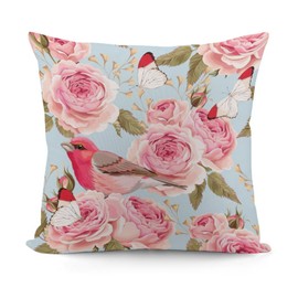 Pink Rose Bird Luxury Velvet Pillow Cover 18x18 Inch Decorative Cushion Cases with Unique Bright Prints - Soft Comfortable & Hypoallergenic - Perfect for Sofa Bed and Home Decor