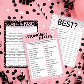 DISTINCTIVS Pink and Black 40th Birthday Game Bundle - Set of 3 Birthday Party Games for 20 Guests, Born in The 1980s Theme