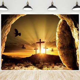 CRTPOD Easter Empty Tomb Backdrop He is Risen Jesus Christ Cross Stone Cave Background Photography Banner for Christian Church Easter Party Decorations Supplies Photo Studio Photobooth Props 7x5ft