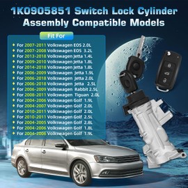 Ignition Switch Lock Cylinder with Key for VW Jetta (2006-2018), Golf (2004-2011), EOS, Rabbit, Tiguan - Replaces 1K0905851B, 1K0905841, 1K0905865 - Includes 2 Keys (48-Chip 433MHz)