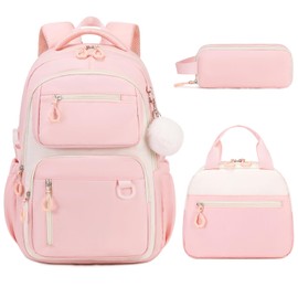 Bevalsa Backpack for Gilrs, School Bags for Kids with Lunch Bag & Pen Case, Bookbag for Girls Children Teens for Elementary Middle High school College Student with Cute Pins (Beige Pink)