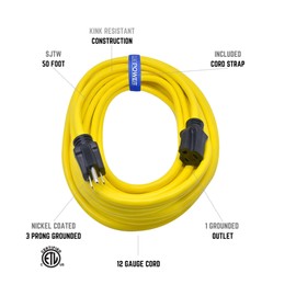 Clear Power 50 ft 12/3 SJTW Heavy Duty Outdoor Extension Cord, Water & Weather Resistant, Flame Retardant, Yellow, 3 Prong Grounded Plug, CP10145