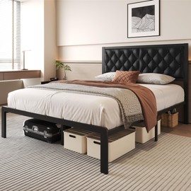 Fluest Queen Bed Frame with Headboard PU Leather Upholstered Bed Frame Platform,All Metal Slats Support Platform Bed Frame with Storage Space,Easy Assembly,Noise Free,No Box Spring Needed,Black