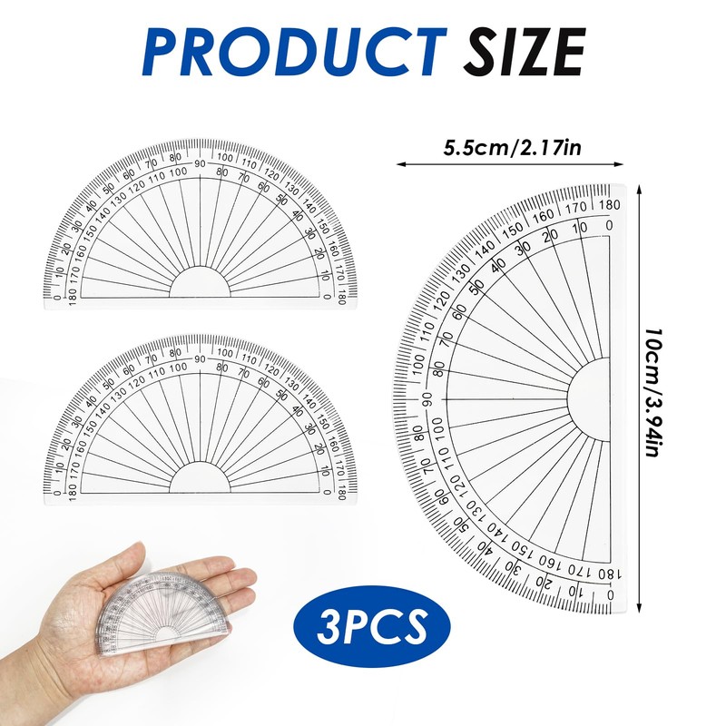 Protractor Set 3pcs,180° Clear Plastic Angle Measurement Tool,for Students, Teachers,