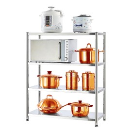 susunnus 4-Tier Stainless Steel Shelf, Heavy Duty Shelving for Kitchen, Garage, Industrial Storage, Kitchen Shelves Adjustable Feet, Easy to Clean(35.8in*15,8in Without Guardrails)