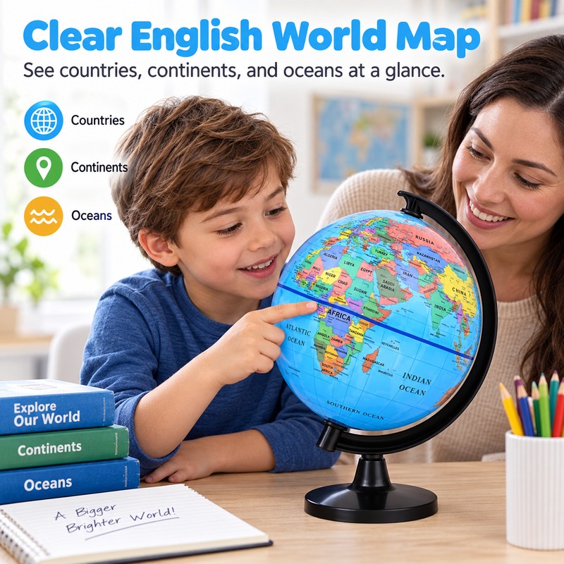 Educational World Globe for Teaching – 360° Rotating English Map
