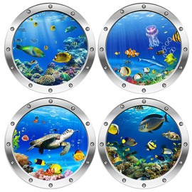 AINIUNIU 3D Wall Sticker Underwater World, Pack of 4 3D Wall Stickers Underwater World, Wall Sticker Bathroom Pictures, 3D Shark Wall Sticker Children's Room, Sea Animals Sticker for Bedroom (Fish)