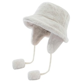 Clakllie Warm Earflaps Bucket Hat Faux Fur Hunting Hats Winter Fisherman Hat for Hiking Packable Travel Hats,FHWP2402-White