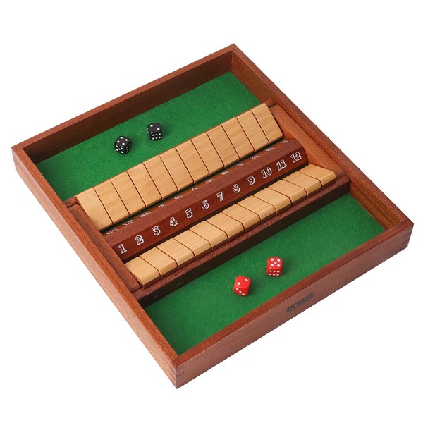 GSE 2-Player Wooden Shut The Box 12 Numbers Dice Game Board with Red/Black Dice. Classic Tabletop Version of The Popular English Pub Game