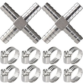MSAEIQUN Stainless Steel Hose Barb 4 way Fitting 3/8" (10mm) Barb Splicer Mender with Stainless Steel Pipe Clamps air hose repair kit for Pipe Line/Fuel/Air (2pcs)