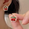 Red Cherry Pearl Stud Earrings - Small, Green Leaf Design