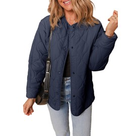 Dokotoo Womens Jacket Round Neck Long Sleeve Drop Shoulder Quilted Jackets Women Cotton Solid Color Open Front Button Up Warm Puffer Jacket Fall Cloth 2025 Winter Padded Coats with Pockets Blue Small