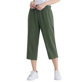 Weintee Women's Linen Crop Pants Capris with Pockets 2X Olive