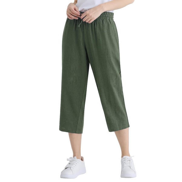 Weintee Women's Linen Crop Pants Capris with Pockets 2X Olive