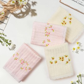 Bathroom Washcloths Face Towels 4-Piece, Floral Embroidered, Cotton, Pink & Cream 13” x 13"