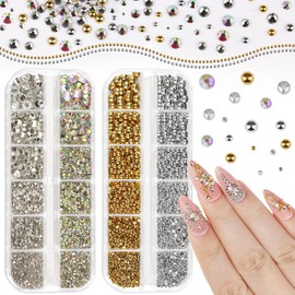 2 Boxes Sparkling Rhinestones and Pearls Kit for Acrylic Nails, 1.5-6mm Flatback Crystal AB Clear Gemstones 1.5-5mm Gold/Silver Nail Pearls for Women DIY Manicure Crafts (11-S2-Glass)