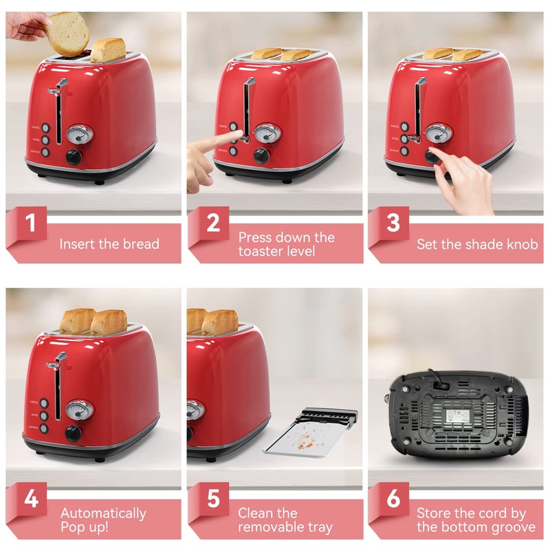 Toaster 2 slice,Retro Stainless Steel Toaster with 6 Settings, 1.5