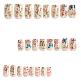 Coffin Press on Nails Medium Spring Fake Nails with Flower Butterfly Designs Medium Flower False Nails Coffin Glue on Nails Acrylic Artificial Nail Tips Glue on Nails Stick for Women Girls 24Pcs