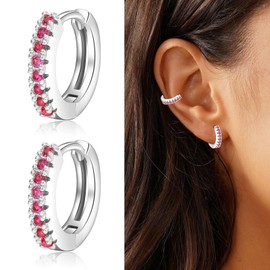Hoop Earrings Cubic Zirconia Huggie Hoop Earrings, Cartilage Piercing Earrings Ear Cuff Tiny Hoop Earrings Hypoallergenic Earrings for Women Girls Men (Silver-Red)