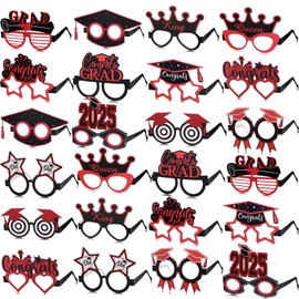 Sabary 24 Pcs 2025 Graduation Prom Glasses Photo Booth Props Class of 2025 Grad Eyeglasses Graduation Party Favor Decoration (Red)