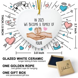 We Became a Family of Four in 2025 Ornaments Keepsake Sign Heart Plaque Pregnancy Gift Baby's First Christmas Ornament First Time Parents Gifts Christmas Tree Footprint Keepsake Hanging Ornament