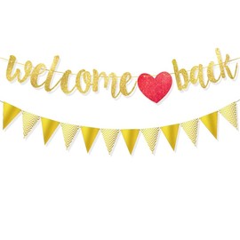 Firtink Welcome Back Girlande Gold Dreieck Flagge, Willkommen Zurück Banner Schulbanner Schule Saison Banner für Schuldekoration, Klassenzimmer Dekoration, Familie Aktivitäten Deko