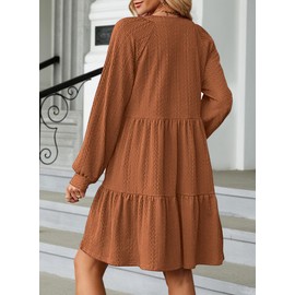 Dokotoo Summer Dresses for Women 2025 Casual Long Sleeve V Neck Textured Mini Dress Going Out Ruffle A-Line Swing Empire Waist Tiered Babydoll Flowy Dress Comfy Fashion Outfits Clothes Brown Large