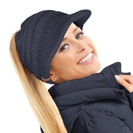 TOSKATOK Women's Slouchy Peaked Ponytail Messy Bun Knitted Hat Peaked Cap, navy blue