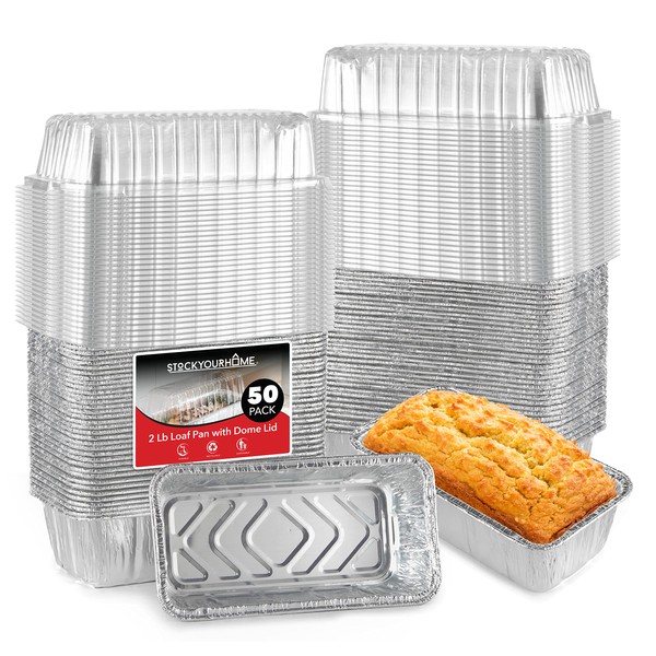 Stock Your Home Disposable Aluminum Loaf Pans with Lids, 2 Lb (50 Pack) Foil Baking Tins with Plastic Lid, Tin Pan with Cover for Cake, Banana Bread, Meatloaf, Mini Lasagna, Drip Trays