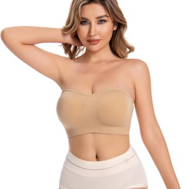 DD DEMOISELLE Women's Strapless Bra, Seamless Wireless Bandeau Push Up Bra with Removable Pads, Comfortable for Wedding & Tube Tops, 1 Pack, Beige,M