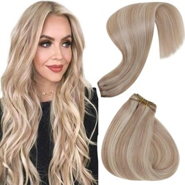 Hetto Weft Hair Extensions Blonde Weave Sew in Hair Weft Extensions Invisible Blonde Highlight Sew in Hair Extensions Human Hair Remy Weaving 22Inch 100g #18/613