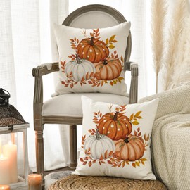 Artoid Mode Orange Pumpkins Maple Leaves Autumn Cushion Cover Set of 2, 45x45 cm Fall Decorative Pillow Case Cover Sofa Living Room Outdoor Decor