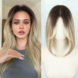 FAVE Hair Topper with Bangs Lace Hair Toppers for Women with Thinning Hair Fluffy Toppers Hair Pieces for Women(Ombre Highlight Brown to Blonde, 14 inch)