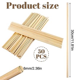 50Pcs Wooden Sticks for Crafts, Wooden Dowel 1/4 x 12 Inch Dowel Rods Craft Wood Sticks Cake Dowels Unfinished Natural Bamboo Sticks for Flower Bouquet Crafts and DIYers