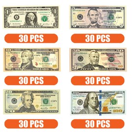 Play Money Dollar Bill, 180 Sheets Banknotes, Dollar Notes, Including 1 $, 5 $, 10 $, 20 $, 50 $, 100 $, Prop Money, Play Money Dollar, Play Money Children for Maths, Counting and Currency Skills