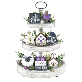 Guoofu Easter Tiered Tray Decor, Farmhouse Tray Decorations, Happy Easter He is Risen Cross Eggs Lily Sheep Religious Wooden Signs, Rustic Easter Faith Decor for Home Table Shelf Mantel Church Party