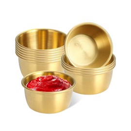 QYCX 10 Pcs Stainless Steel Sauce Dish, Seasoning Dishes, Sushi Dipping Bowl Saucers, Mini Round Dish, Metal Ramekins Mini Appetizer Plates Individual Sauce Cups for Dipping and Portion Cups, Gold