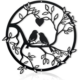 Black Bird Silhouette Metal Wall Art, Tree Metal of Life Bird on Branch Decor Artwork Wall Art for Garden Living Room