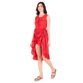 ThePirateDressing Renaissance Medieval Peasant Pirate Lace Up Ruffled Sleeveless High Low Dress C1840 Red Large