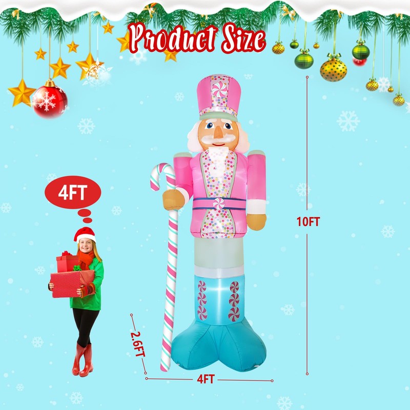 PARAYOYO 10FT Christmas Inflatables Pink Nutcracker Hold Candy Cane, Christmas