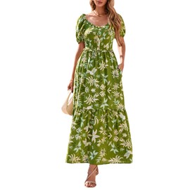 PRETTYGARDEN Womens Summer Dresses 2025 Casual Boho Floral Puff Short Sleeve Flowy Maxi Dress Smocked V Neck Sun Dresses (Green, XX-Large)