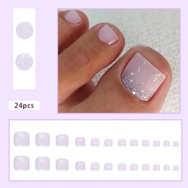 Press on Toe nails Short, White Toenails Press On, Glitter powder Fake Toe Nails Summer Manicure False Toenails Glue on Toenails Artificial Toenails For Women 24Pcs